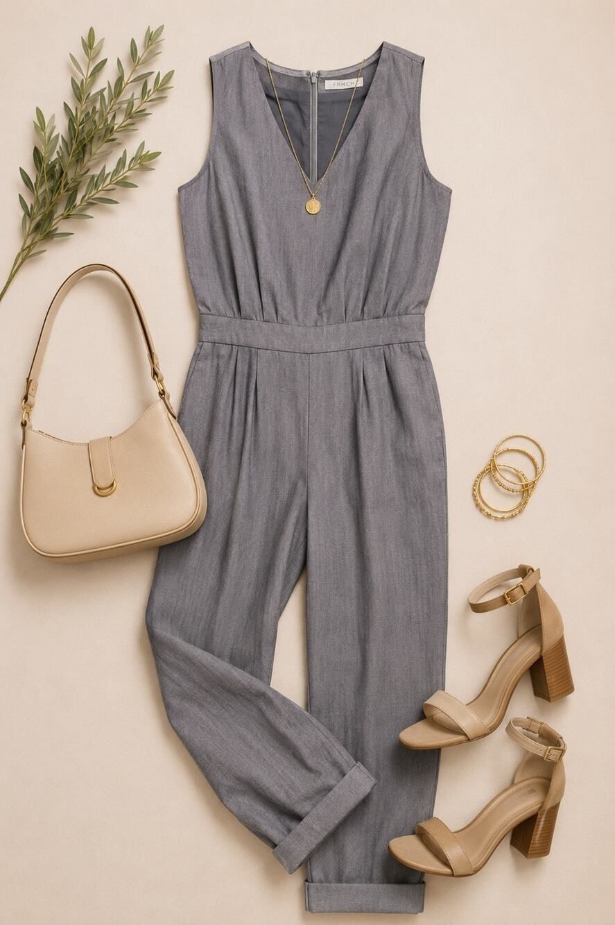 FRNCH Gray Sleeveless V-Neck Jumpsuit Large Tapered Leg Pockets Career Chic NWT